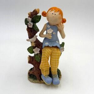 TRC Co Girl Figurine Tree Bird Flowers Yellow Gingham Pants Desk‎ Decor TRC 570